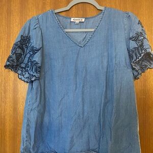 Nanette Lepore Embroidered Chambray Top